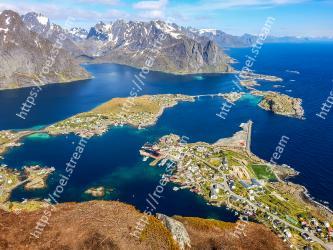 Aerial photography, Natural landscape, Cape, Promontory, Mountain, Sky, Inlet, Coastal and oceanic landforms, Coast, Fjord Reine