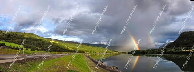 Rainbow, Sky, Nature, Natural landscape, Cloud, Meteorological phenomenon, Water, Landscape, Highland, River 